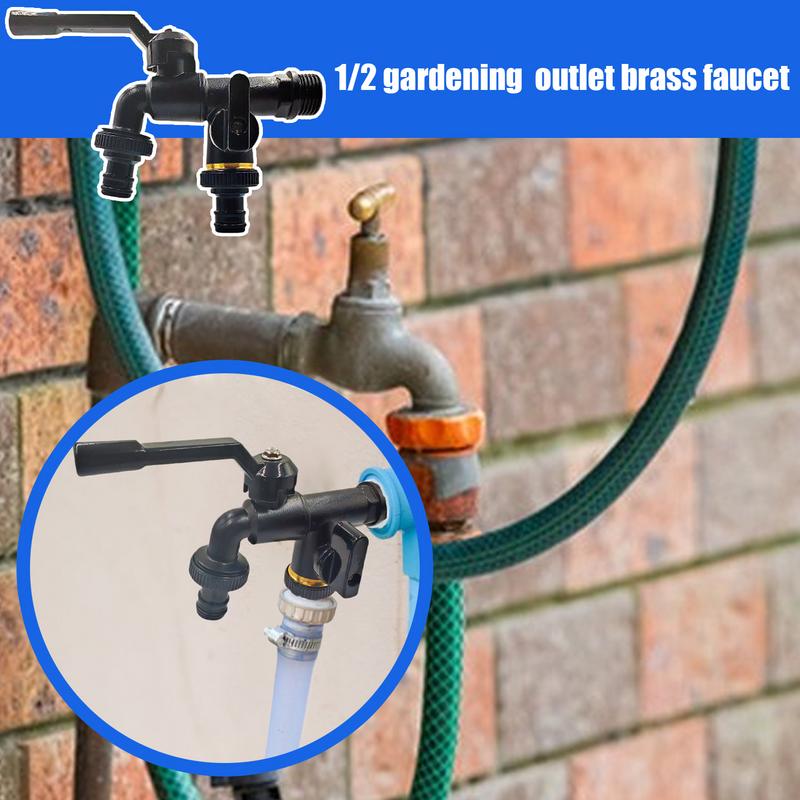 Outdoor Faucet With Double Outlet Double Taps Brass Water Faucet 1/2 Inch Inlet Home Water Hose Connector 1-Into-2 Spigot
