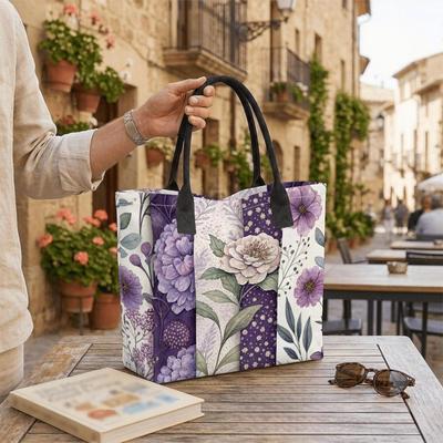  Purple Floral Print Casual Tote Bag Large Capacity Fashion Shoulder Bag for Women Daily Use