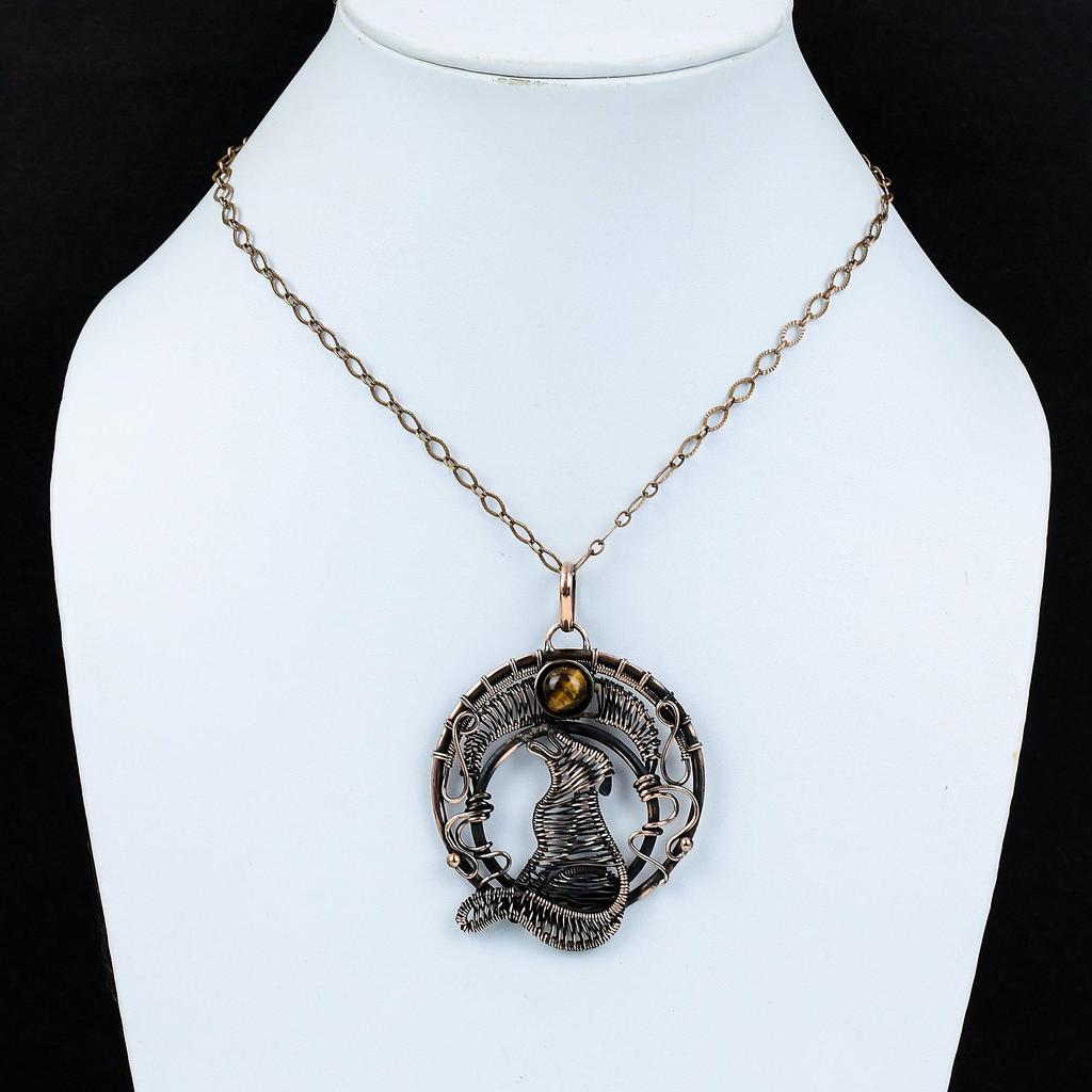 Tiger's Eye Pendant Copper Wire Wrapped Pendant Dog Pendant Original Gemstone Jewelry Handmade Pendant For Women Copper Jewelry Gift For Him