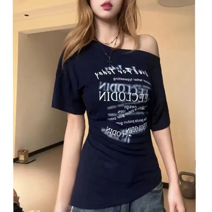 Pure desire style design slanted shoulders irregular short-sleeved T-shirt women's summer American retro hottie slim-fitting slim top