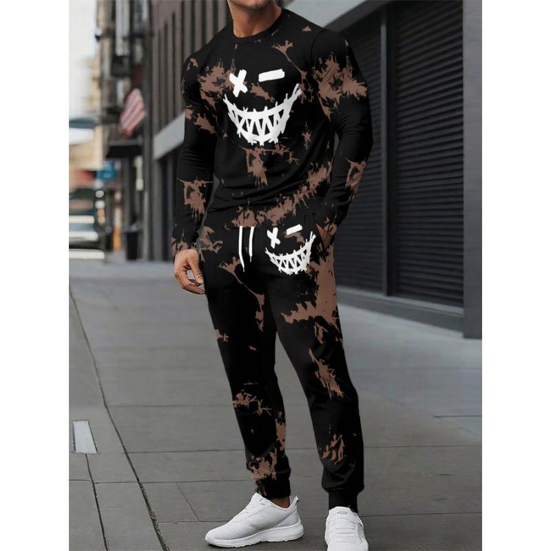 Men's Casual Sportswear Set/Long Sleeve Patterned T-Shirt and Drawstring Jogger/Breathable Polyester