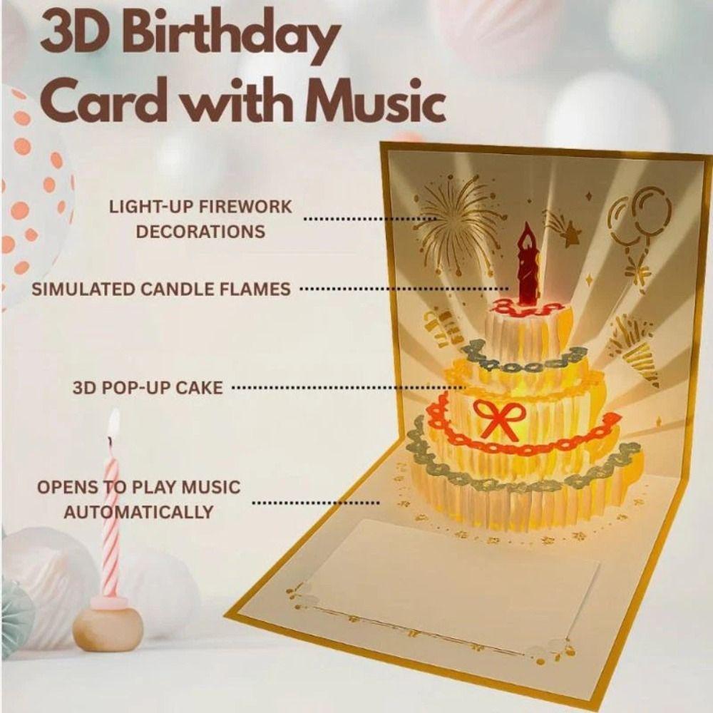 Alles Gute zum Geburtstag 3D Musik Leuchtende Karten mit Umschlag Musik Licht Leuchtender Kuchen Grußkarte Faltbare Pop-Up Geburtstagskarten