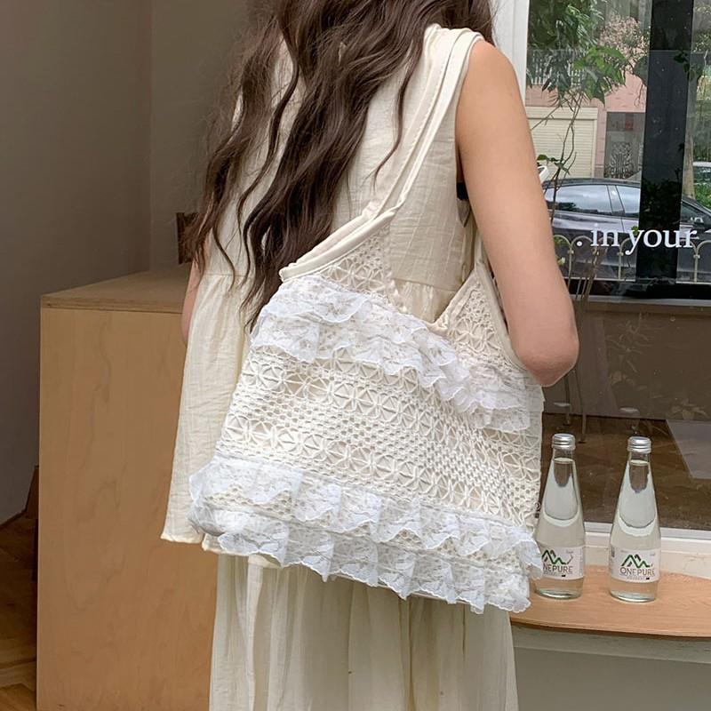 Lässige und ätherische Spitze Mesh Unterarmtasche Ein-Schulter Damen Tasche Großvolumige Pendeltasche