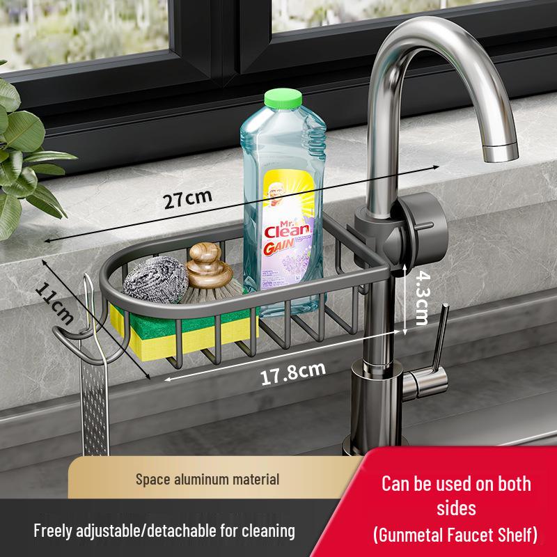 

Gunmetal Gray Kitchen Faucet Rack: Dishwashing Basin & Sponge Basket with Cloth Storage.