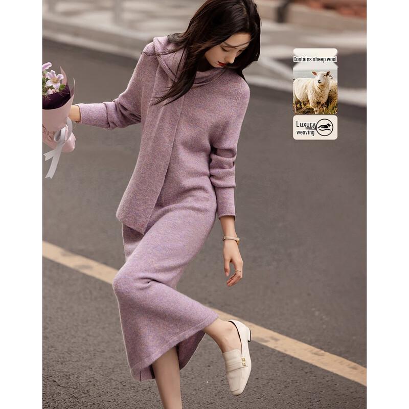 Demana Detachable Scarf V-Neck Wool Blend Knitted Midi Dress M