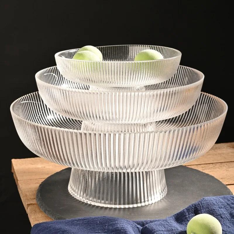 Glass Fruit Bowl with Feet Tall Striped Storage Tray Home Living Room Decoration Creative Dried Fruit Tray Snack Tray