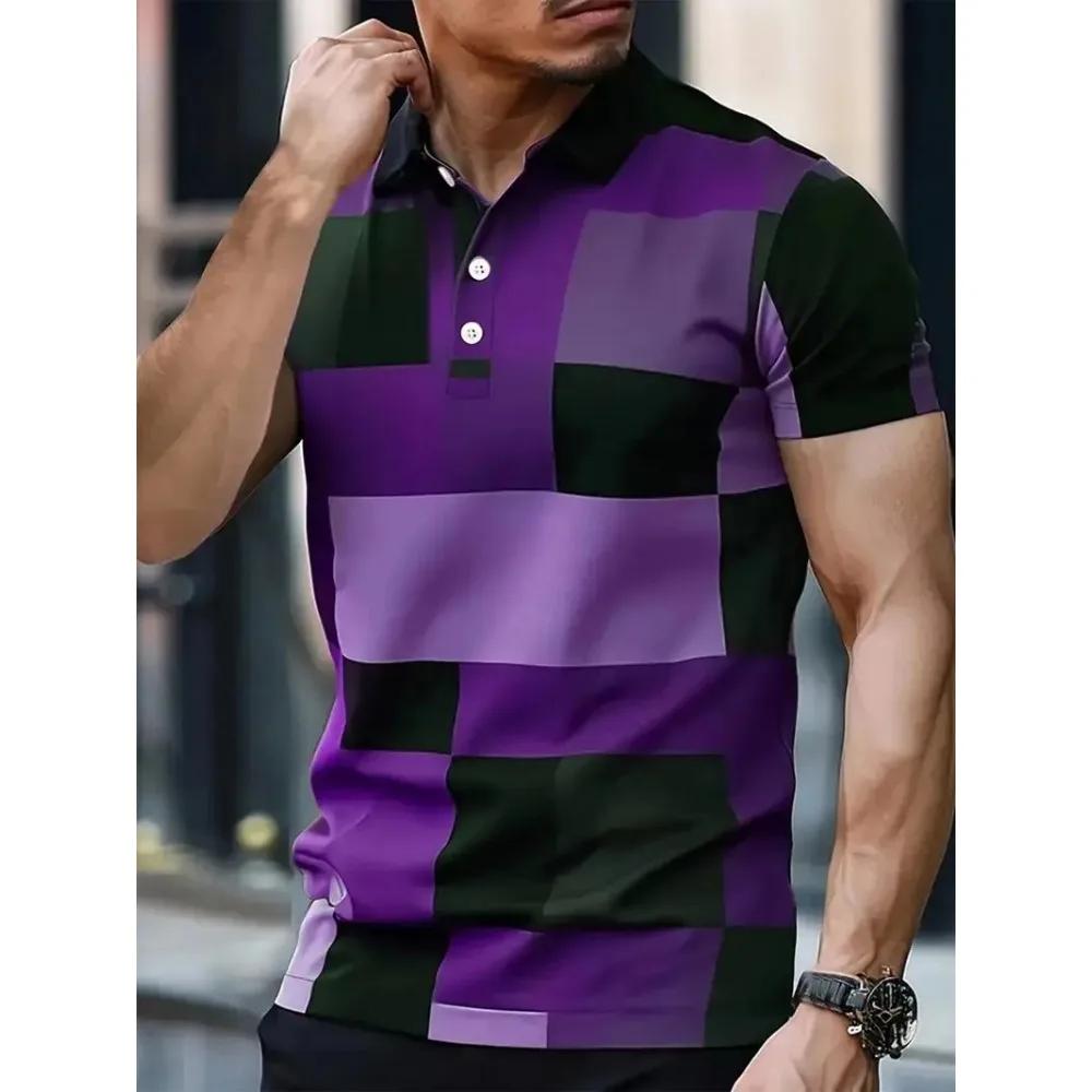 

New Summer Fashion Men Short Sleeve Color Block Splicing 3D Digital Print Sport Polo Shirt Polyester S