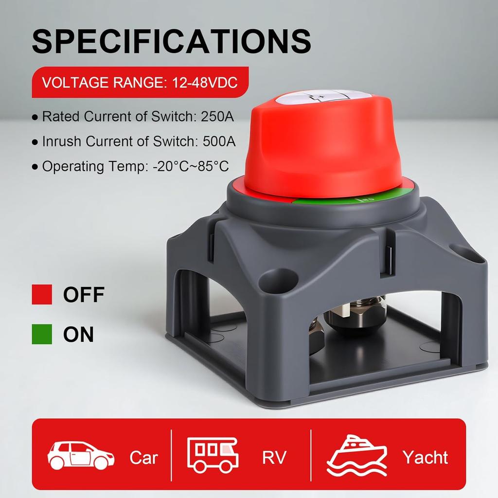 Top Post Battery Disconnect Switch, 250A 12-48V On/Off, Heavy-Duty Battery Disconnect Switch for Cars, Vehicles, RVs, and Boats