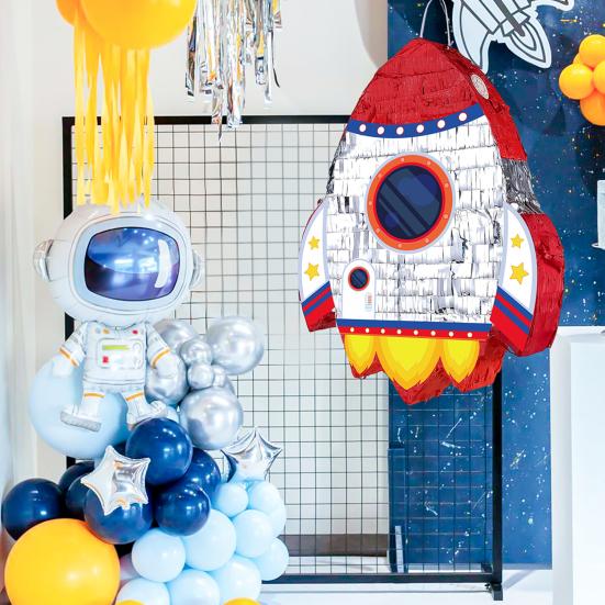 Pull String Rocket Ship Pinata Rocket Pinatas with Blindfold Bat Stick Confetti for Kids Space Themed Birthday Party Supplies