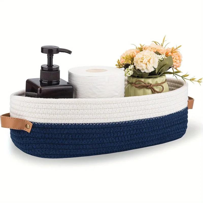 1pc Oval Woven Bathroom Storage Basket, Multifunctional Desktop Organizer, Toilet Paper Holder, Toy Storage Basket