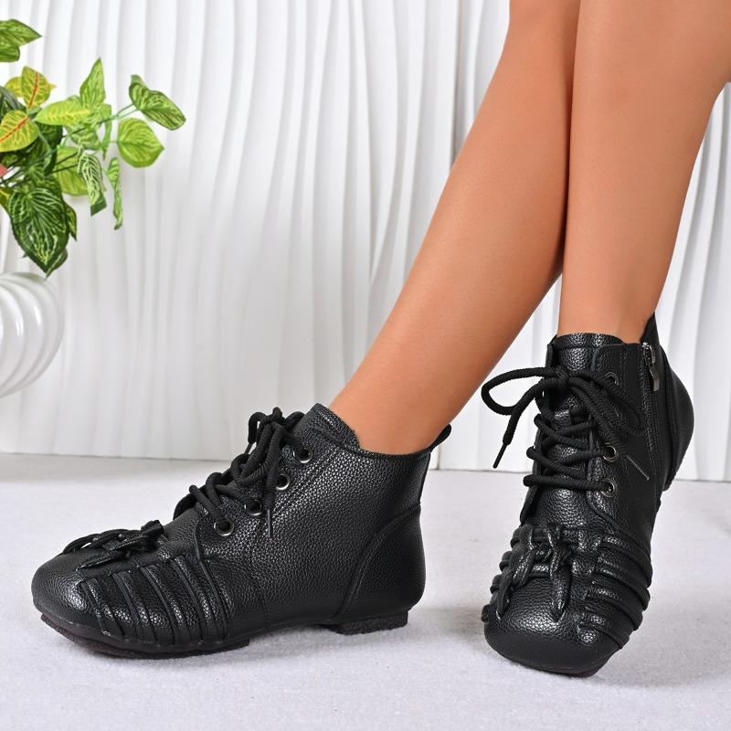 Low Heel Bare Boots  Round Toe Lace-Up Side Zip Soft Leather Soft Sole Mom Shoes
