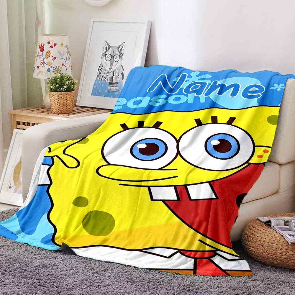 Custom Name Spongebob Friends Flannel Blanket for Super Soft Cute Comfort Blanket for Travel Bedding Couch Sofa Blanket