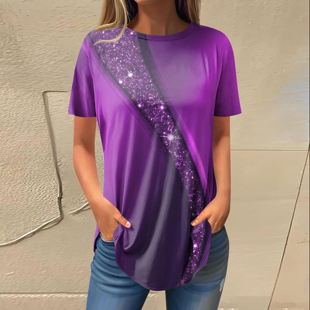 Women's Fashion Casual Round Neck Curve Printed Short Sleeve Pullover T-Shirt Top
