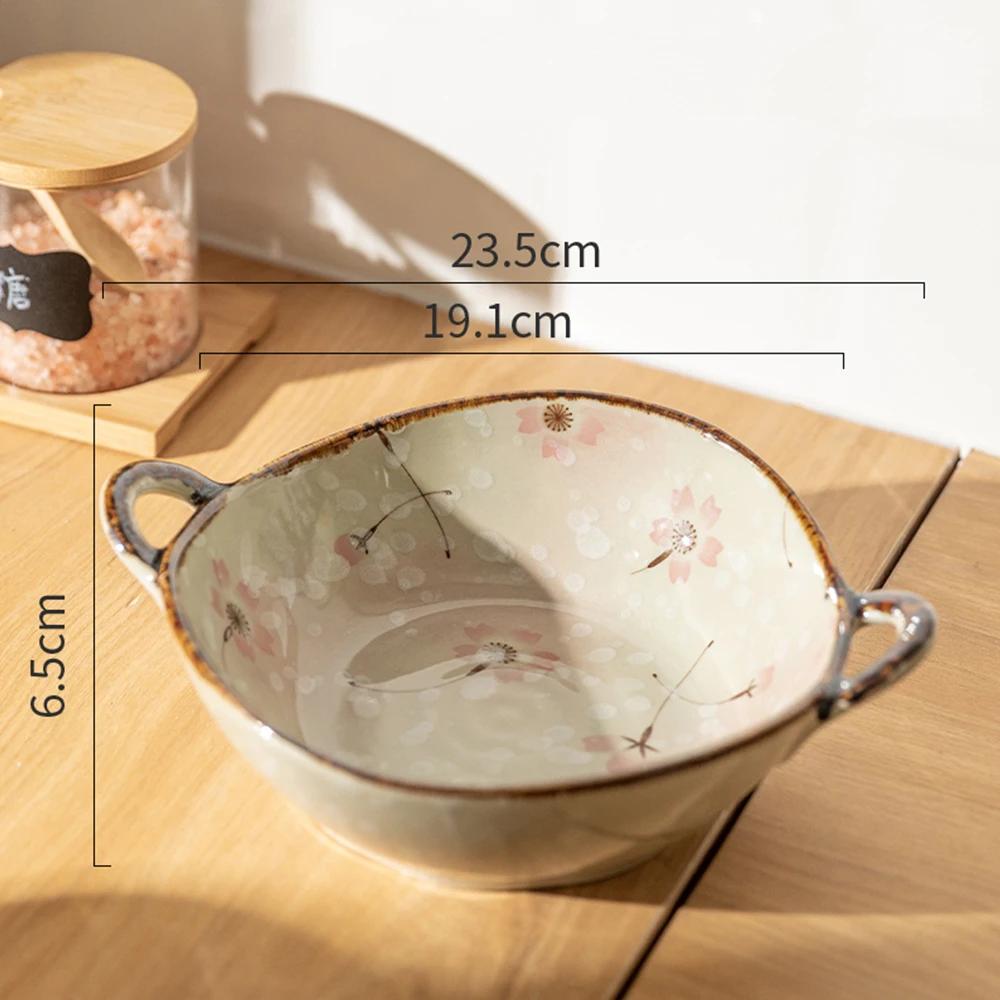 Flowers Plants Japanese Household Noodle Bowl Ceramic Soup Bowl with Handle Salad Bowl Kitchen Tableware Microwave Oven Secure
