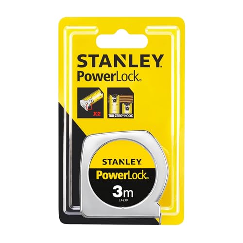 Stanley 1-33-239" Power Lock Tape Measure with End Hooks, No Holes, Silver, 3m/12.7mm