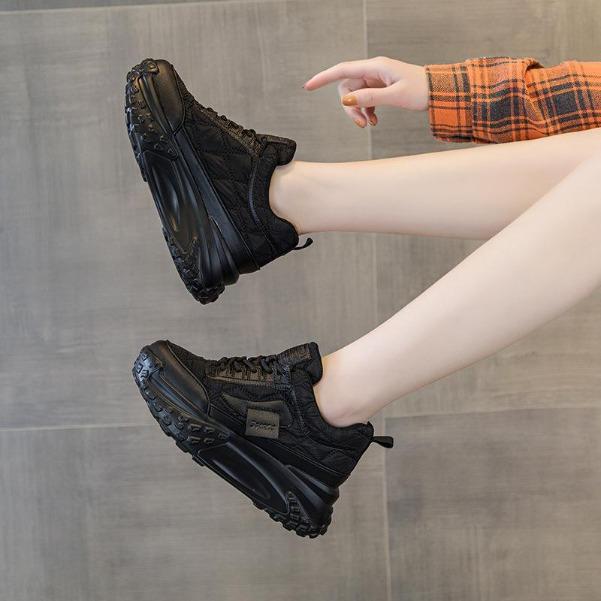 Silver Leather Platform Shoes Women's Luxury Thick Sports 7cm Lace Up Slip On Sneakers Plus Size
