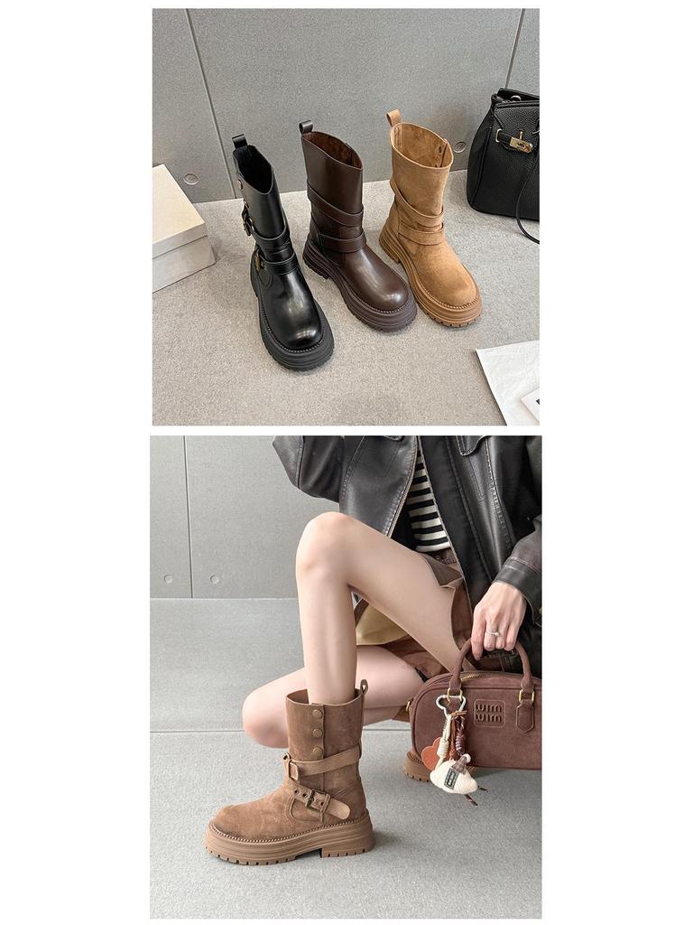 Women's Y2K Suede Ankle Cowboy Boots with Buckle Design, Thick Soles, and Round Toes.