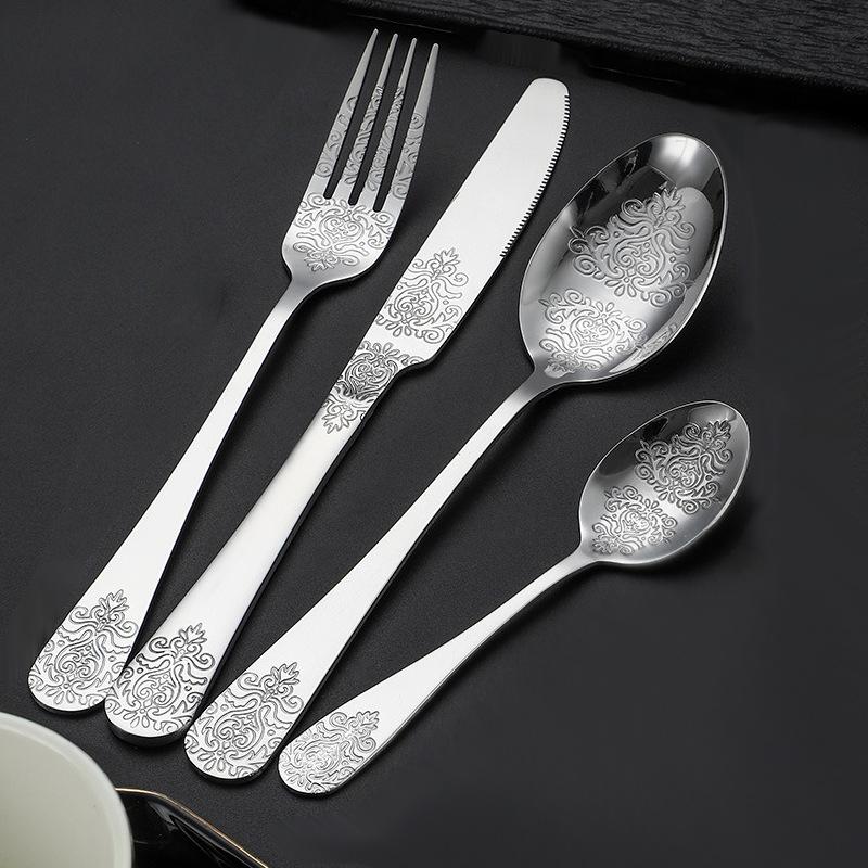 

Stainless Steel Silver Tableware Cutlery Set with Knife Fork Spoon Silverware Set for Restaurant Hotel Handle Exquisite carving