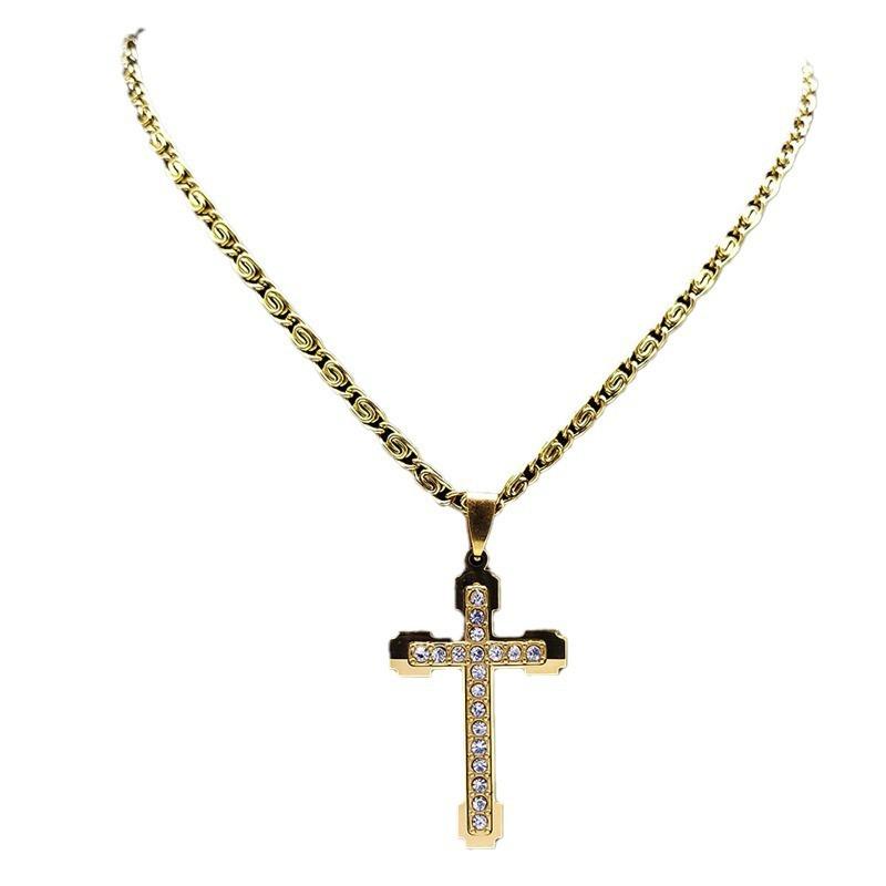 Stainless Steel Design Small-scale Diamond-encrusted Cross Pendant Necklace