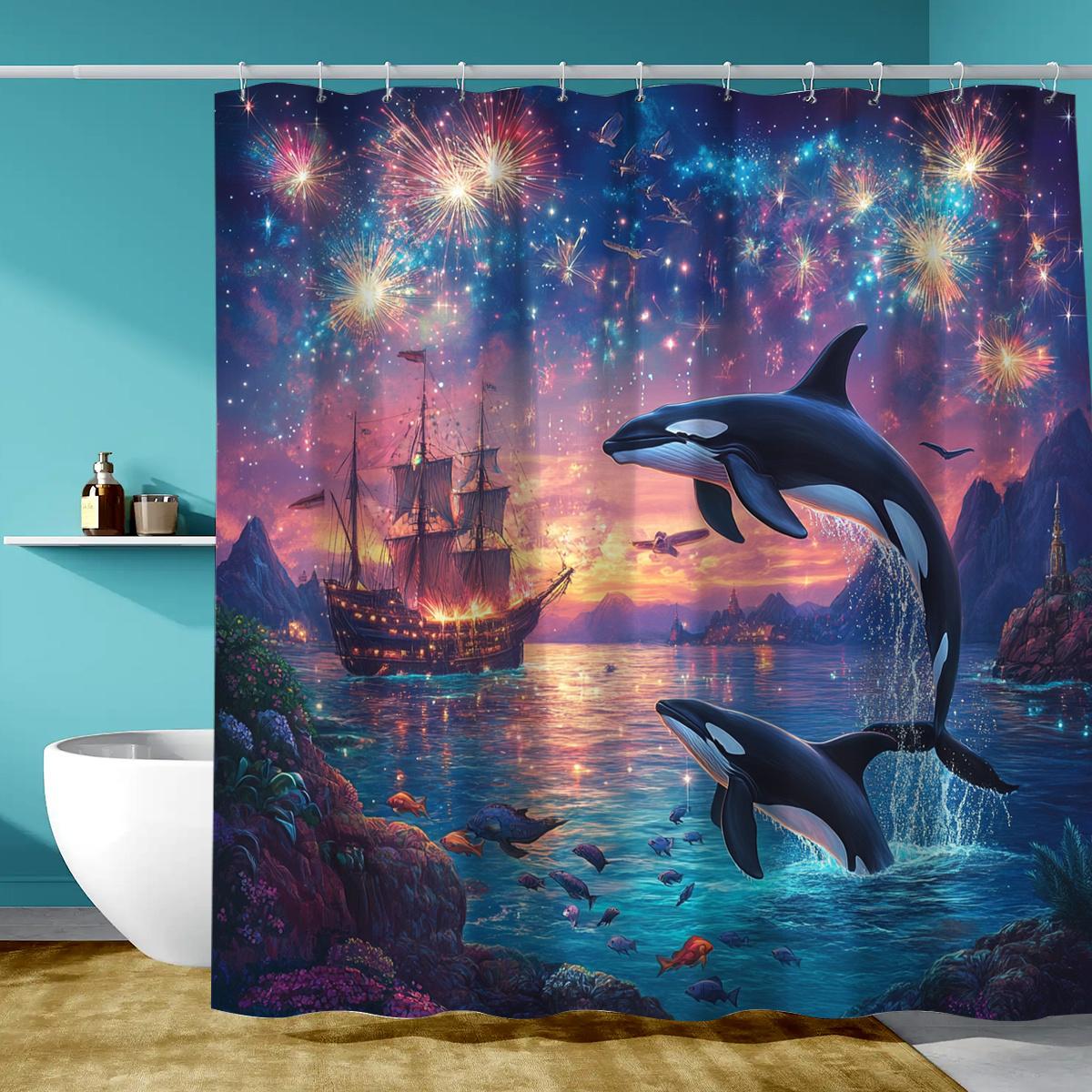 

1Pc Exquisite Purple Dolphin Themed Digital Printed Shower Curtain, Made Of Polyester Fabric With Hooks, Bathroom Accessories, W60H190(CM)-1 Pcs