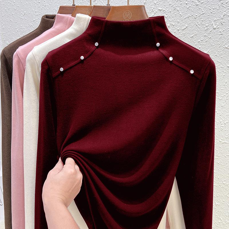 Double-sided German velvet semi-turtleneck bottoming shirt for women's autumn and winter models with velvet thickened warm long-sleeved top