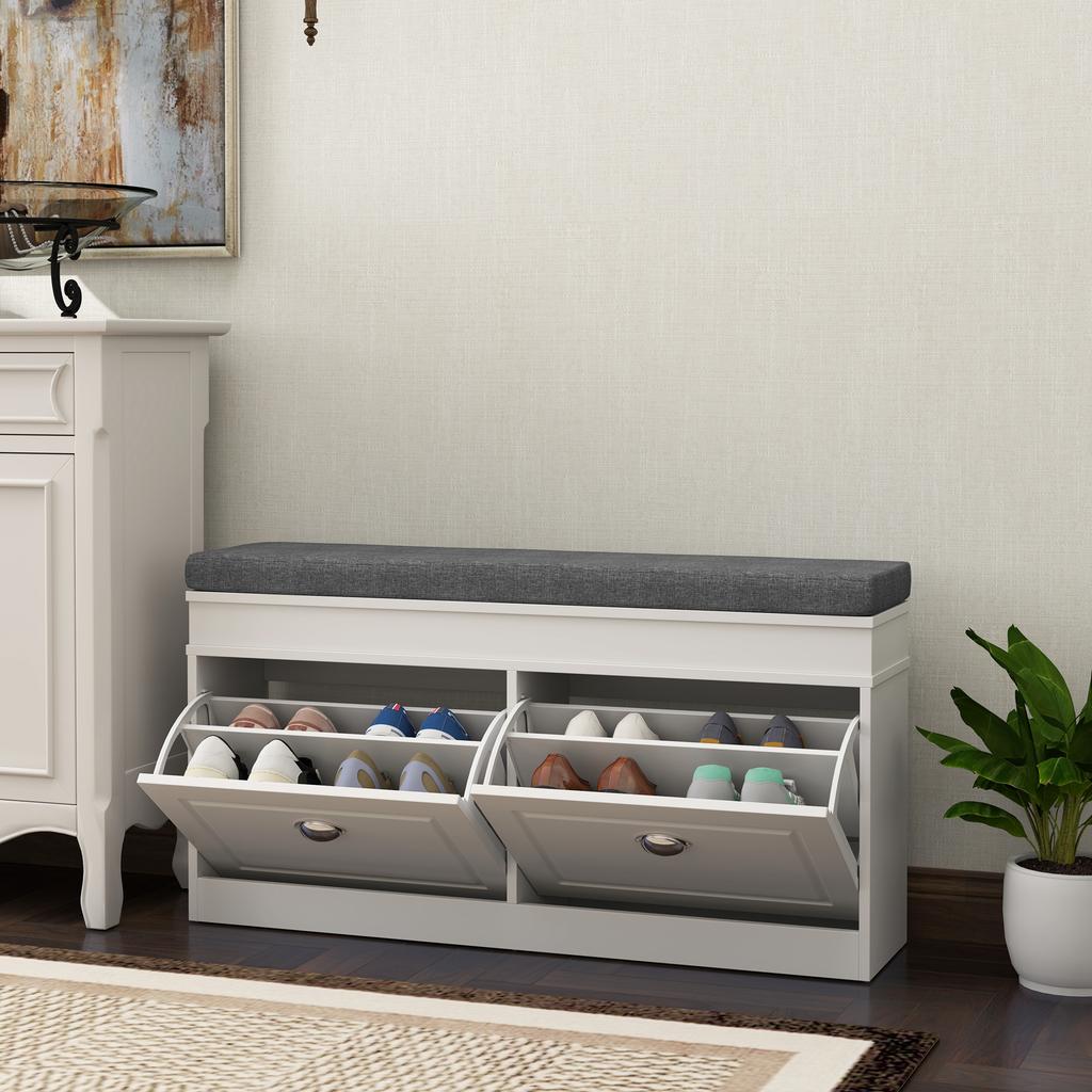 Shoe Storage Bench with Flip Drawers, Shoe Cabinet with Seat Cushion and Adjustable Shelf for Hallway, Entryway, Living Room, Bedroom, White