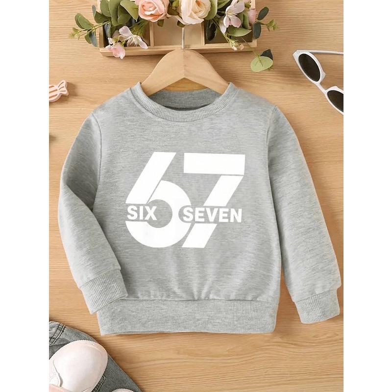 Unisex Kids Cream Crewneck Sweatshirt For 4-12 Boys Girls Minimalist White Block Number 67 SIX SEVEN Text Print Soft Fleece Long Sleeve Pullover