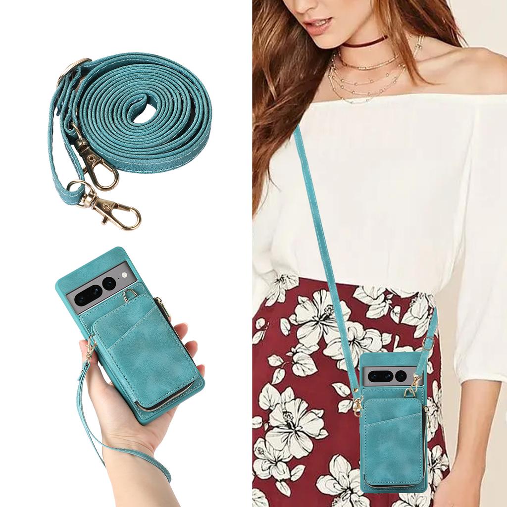 Zipper Crossbody Leather Wallet Necklace Lanyard Cards Solt Case For Google Pixel 7 Pro 7A 6A Bag Coin Purse Hand Strap Cover
