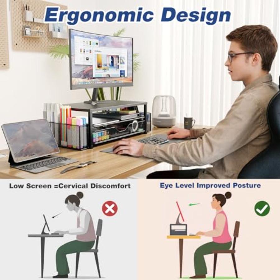 Desk Organizer and Accessories 2-Tier Computer Monitor Stand Riser with Drawer and 2 Pen Holders Laptop Stand Office Desk Acces