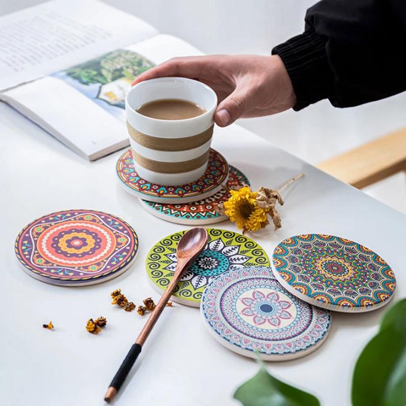 Mandala Flower Cup Coaster Round Ceramic Placemats Non-slip Tablemat Insulated Coasters Kitchen Decoration Tableware Home Decor