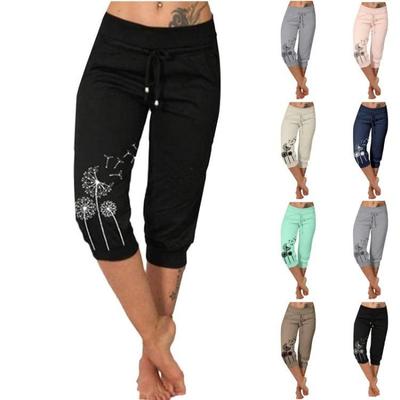Women High Waist Casual Printed Yoga Pants Drawstring Seventh Pants Qunide