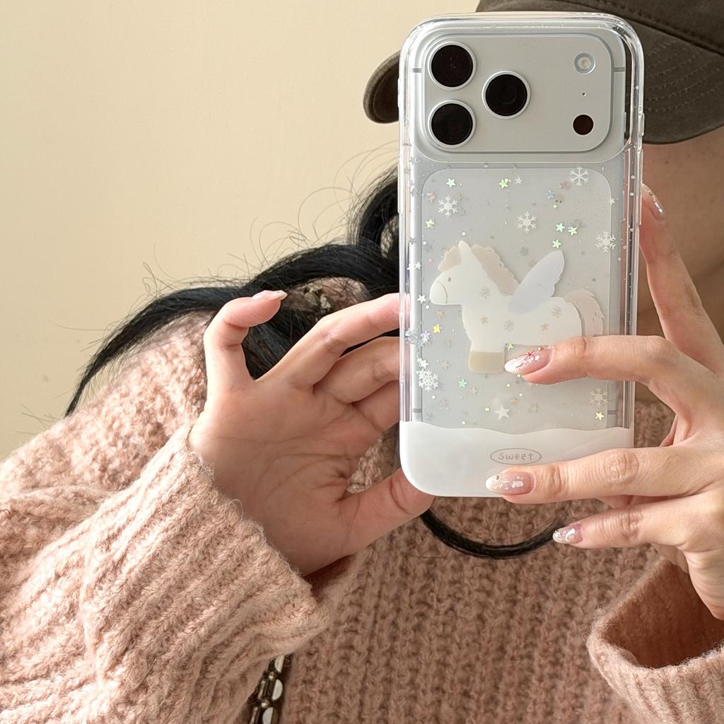 Sweet Unicorn Snowflake & Star Pattern Clear Glitter Dreamy Phone Case for iPhone 17 16 15 14 11 12 13 Pro Max Plus Back Cover