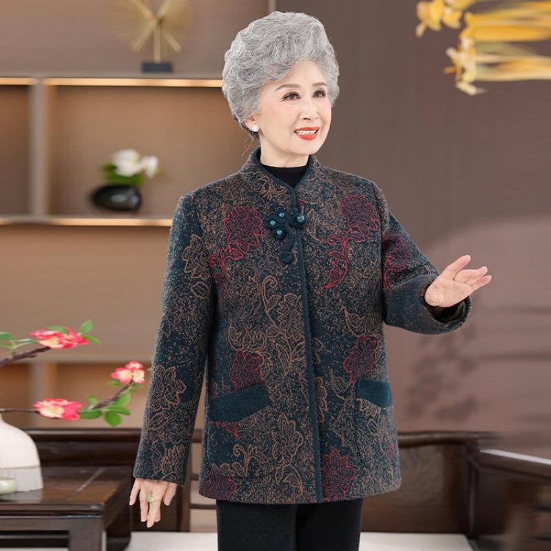 Middle-aged elderly autumn clothes female grandma woolen coat mother autumn and winter new old man old lady thickened Tang suit top