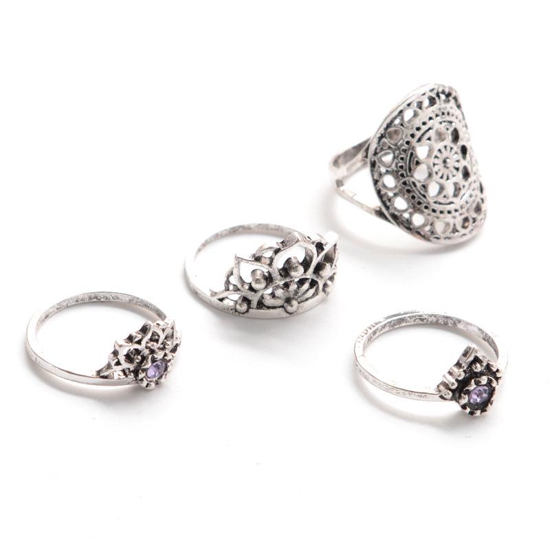 Bohemian Retro Gemstone Ring Exaggerated Hollow Totem Four-Piece Ring
