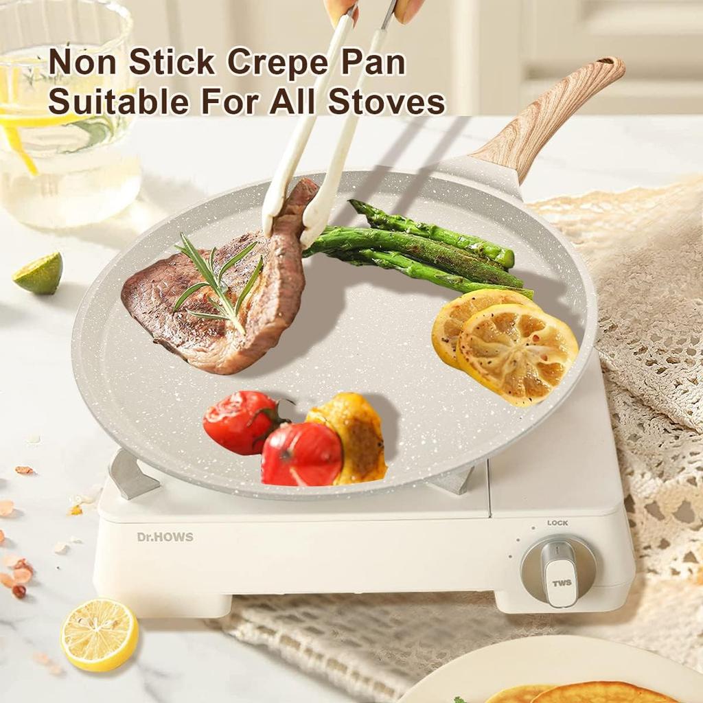 Nonstick Crepe Pan with Spreader, 8 Inch Flat Pan for Roti Indian Griddle Pan Dosa Pan, Tawa Dosa Tortilla Pan Induction Compatible - White