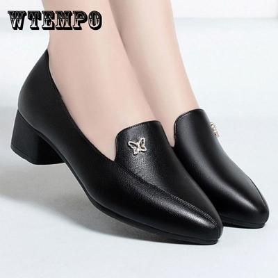 Women's Soft Leather Black Middle Heel Thick Heel Non-slip Mother Shoes Large Size Professional Leather Shoes