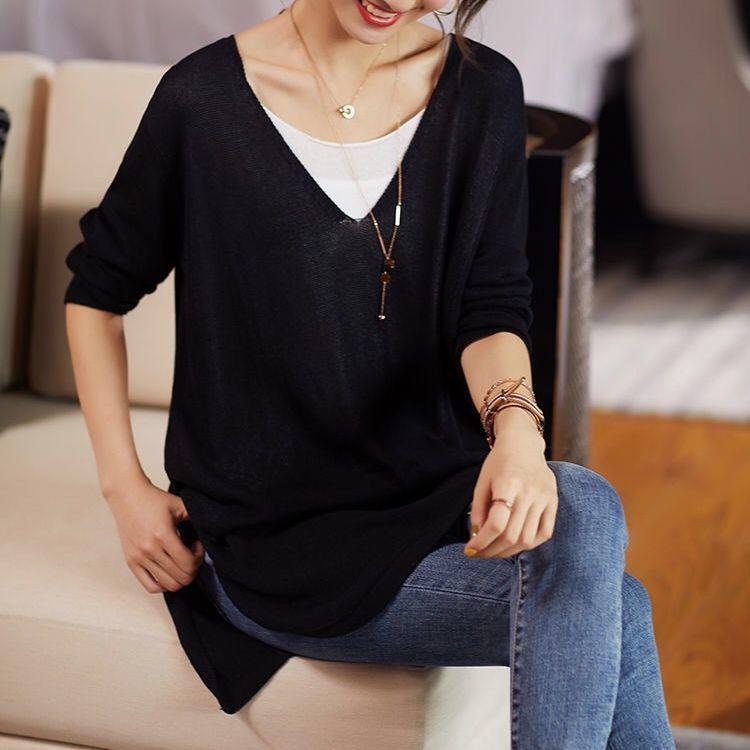 Women's Loose-Fit Layered Long-Sleeve T-Shirt: Large Size, Slimming, Versatile, Medium-Length, Spring Style