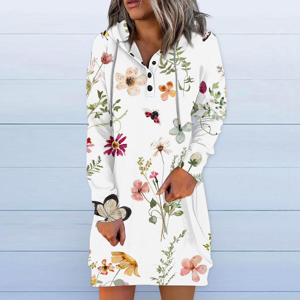 Damen Casual Hoodie Langarm Kordelzug Pullover Vintage Print Kleid