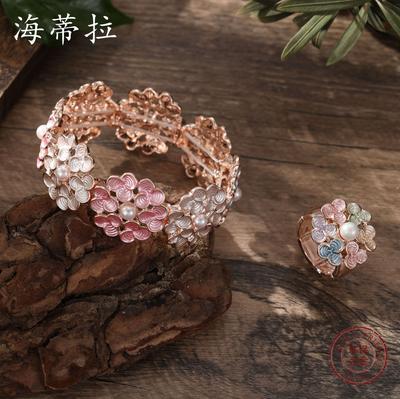Color Painted Oil Clover Flower Ring Bracelet Set Small Fresh Ladies Versatile Ring Bracelet