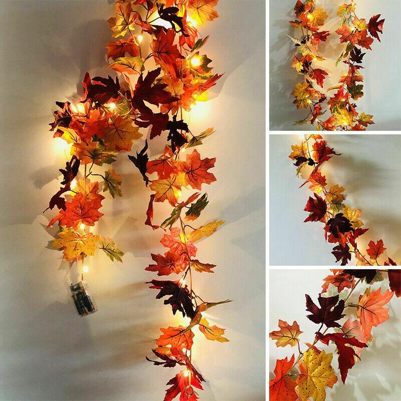 Halloween LED Lights Fall Maple Leaf Rattan Garland Copper Wire Lights Hanging Plants Festive Party Yard Decoration Lights