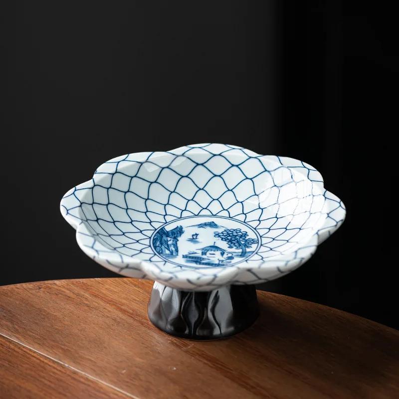 Haushaltsteller im chinesischen Stil zur Aufbewahrung von Nüssen und Keksen, blauweißes Porzellan, Obstteller, Wohnzimmertischplatte, Aufbewahrungstablett für Kleinkram