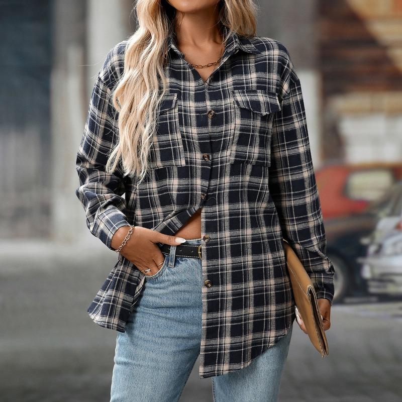 Women S Loose Fit Long Sleeve Plaid Casual Shirt