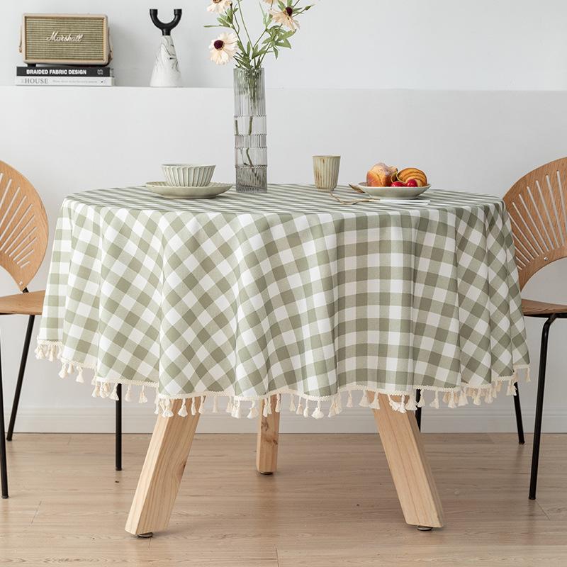 Round Grid Cotton Linen Printed Tablecloth Waterproof Oil-proof Anti-Scalding Table Cloth Coffee Kitchen Dining Table Tablecloth