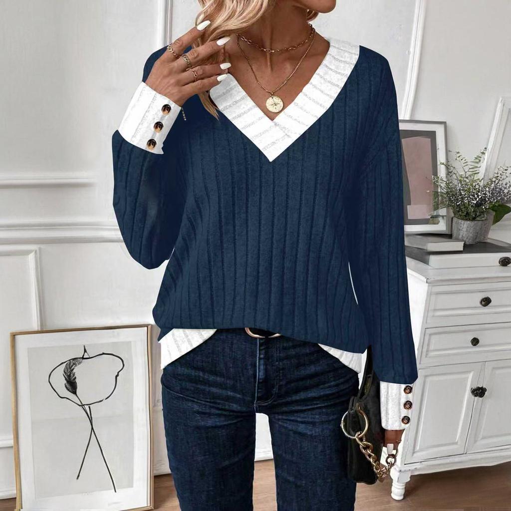 Women's V Neck Sweaters Casual Long Sleeve Pullover Knit Tops Loose Basic Clothing