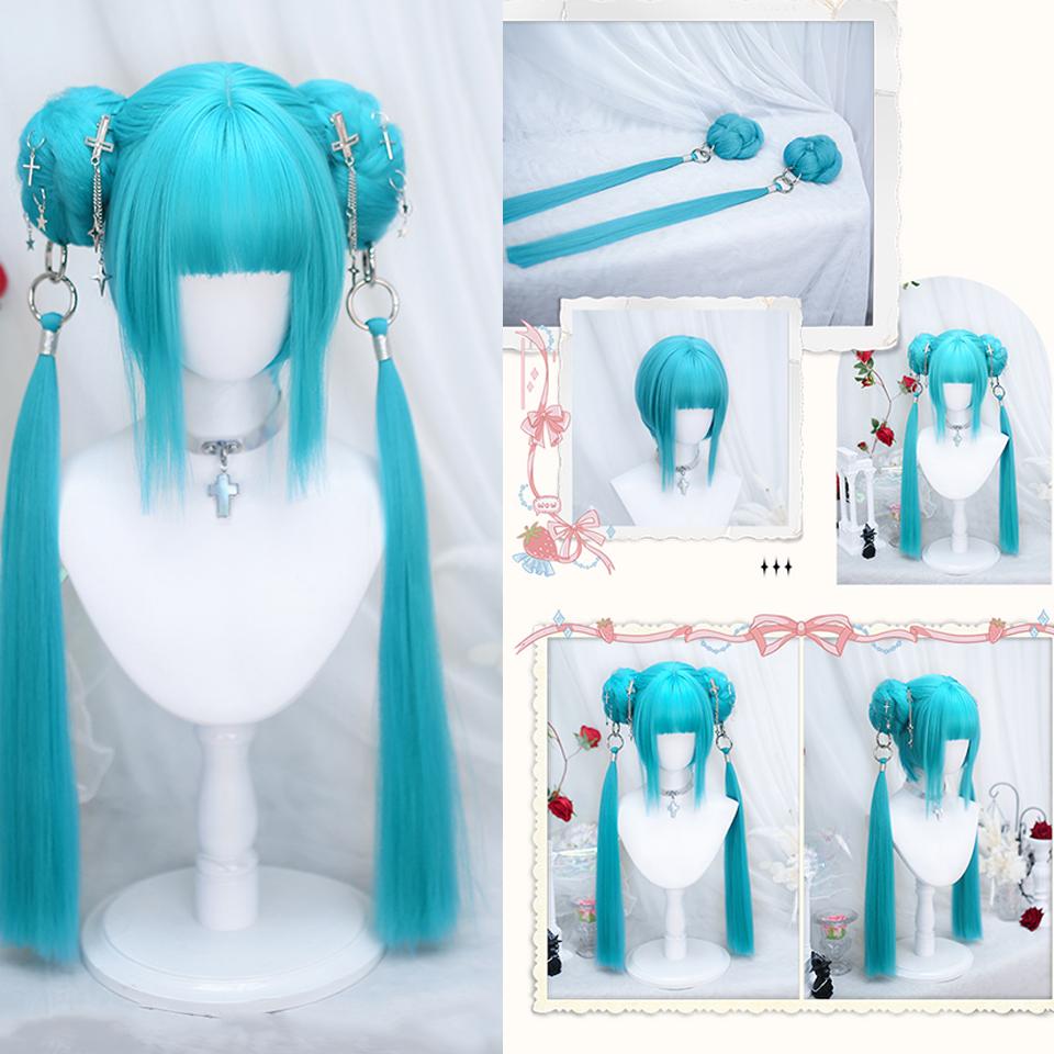 DIY Anime Synthetic Short Straight Green Wig Double Hair Loop Double Braid Ponytail Natural Short Straight Head Cover Wig For Women