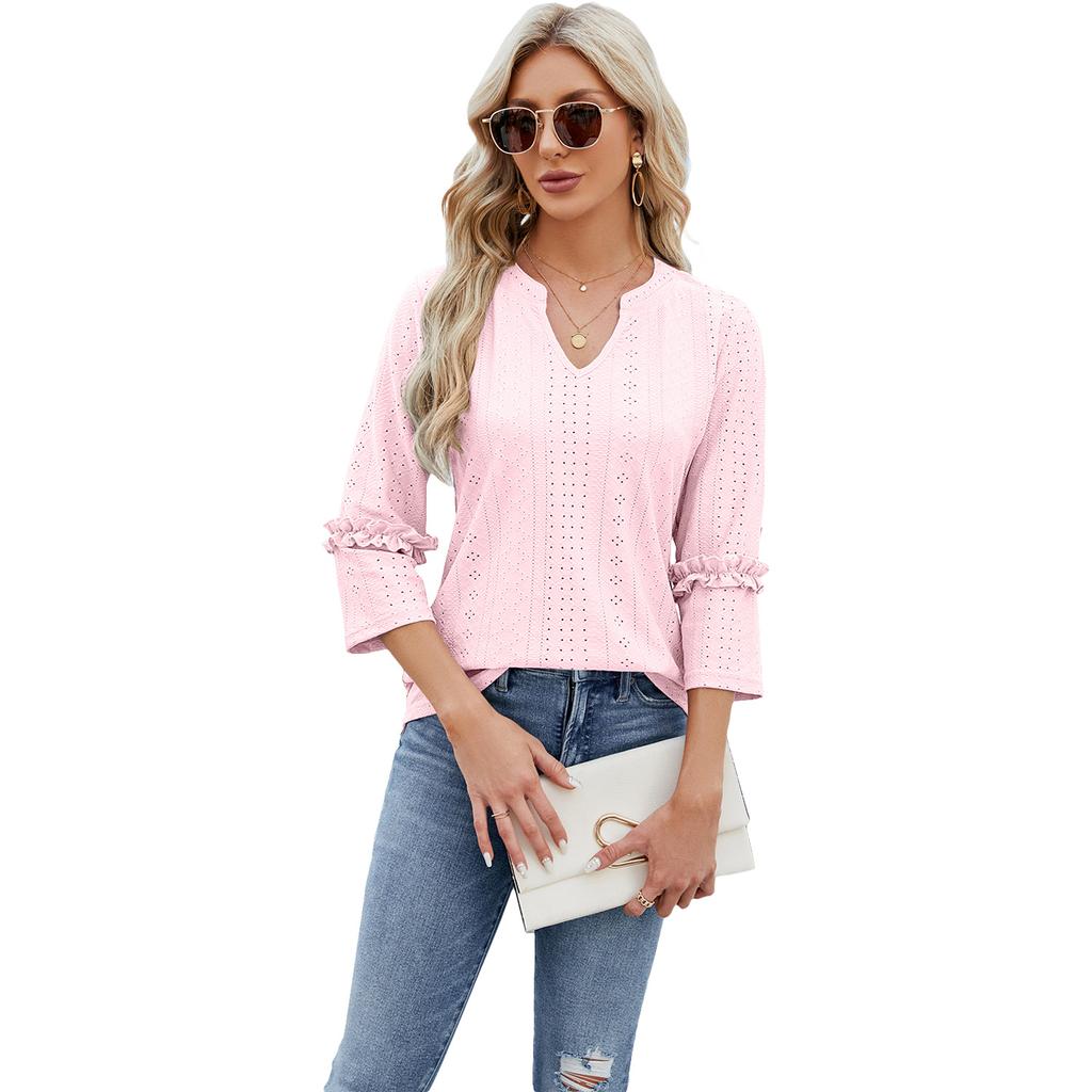 Spring and Summer Women's T-shirt V-neck Lace Seven-quarter Sleeve Jacquard Loose Long-sleeved Tops