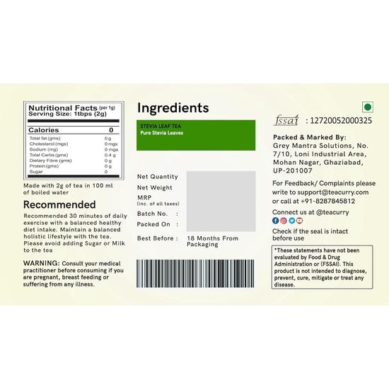 TEACURRY Stevia-Tee (1 Monatspackung, 30 Teebeutel) - Hilft bei Blutzuckerspiegel, Cholesterin - 100% natürlicher Süßstoff - Zuckerfrei