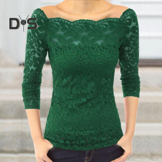 Bluzki damskie z kołnierzykiem skośnym, długimi rękawami, koronkowa koszula, koronkowe łączenie, jednolity kolor, dopasowany krój, haftowane koronkowe kwiatki