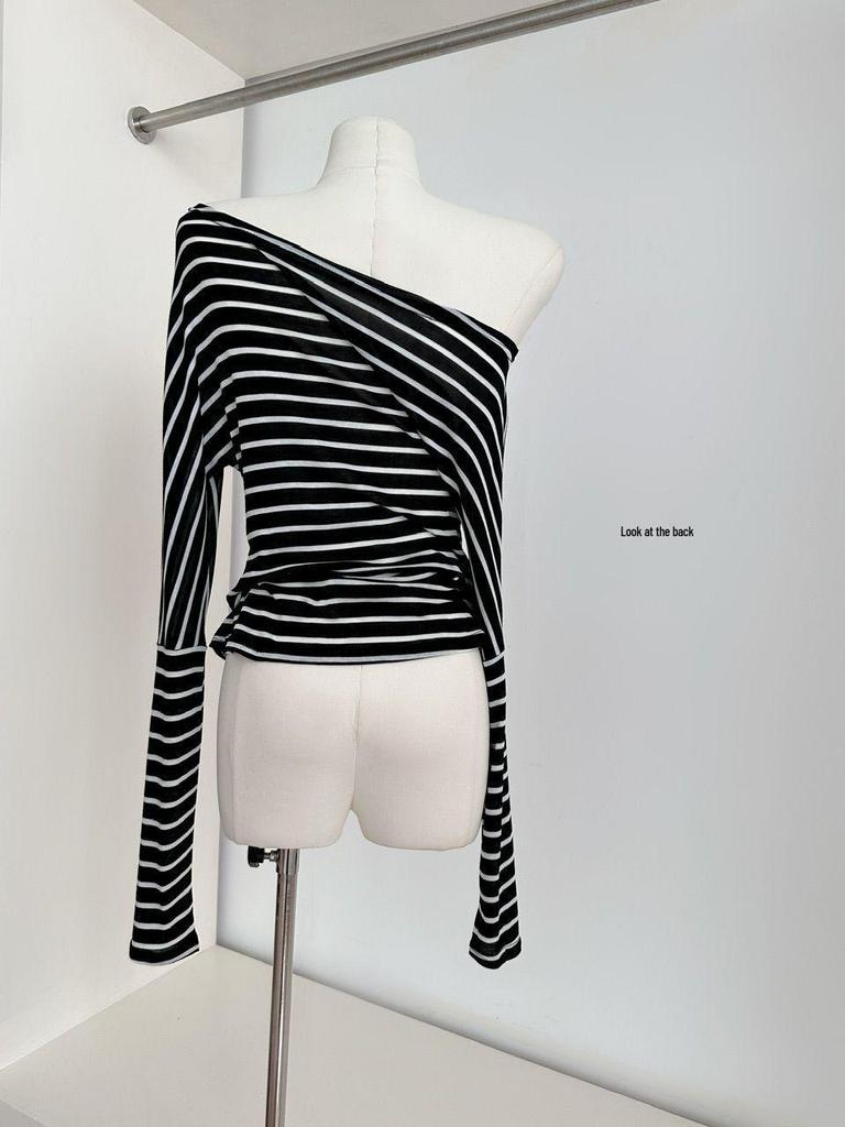 2025 Módní korejský dámský top s dlouhým rukávem na jedno rameno s pruhy