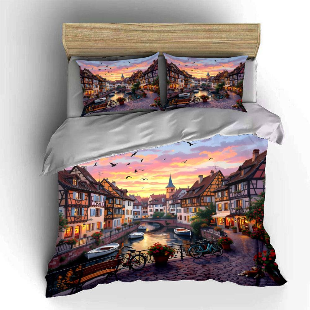 Rainbow Fairy Tale Town Scenery Duvet Cover Set With 3D Printing Design Soft Polyester Bedding Set All-Season Comfort For Gifts